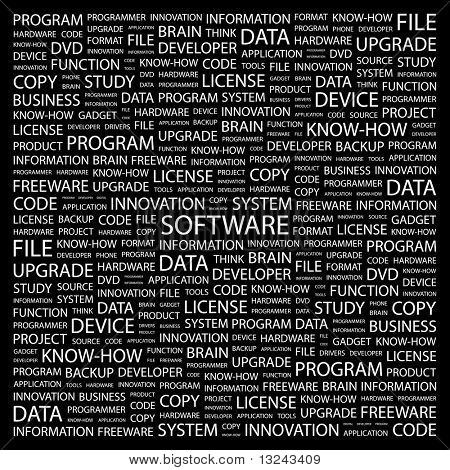 SOFTWARE. Word collage on black background. Illustration with different association terms.