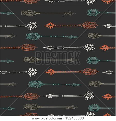 Vector pattern of ancient arrows. Hipster trendy seamless pattern. Hand drawn colorfull arrows isolated on black background trendy bohemian illustration. Use for closes wallpaper gretting card fashion.