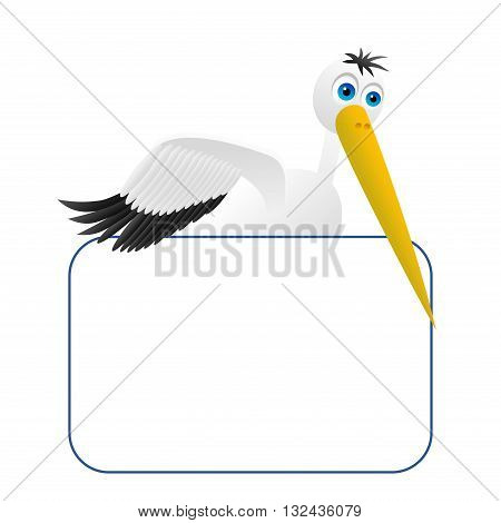 Clipart picture of a stork cartoon character holding a blank board.