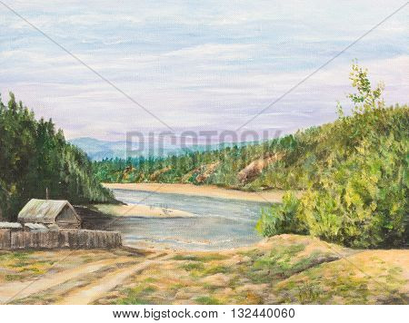 House on the taiga river. Oil painting on canvas
