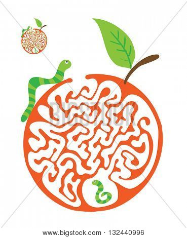 Maze puzzle for kids with caterpillars and apple. Labyrinth illustration, solution included.