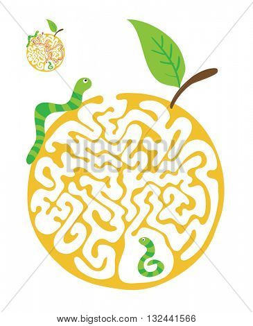 Maze puzzle for kids with caterpillars and apple. Labyrinth illustration, solution included.