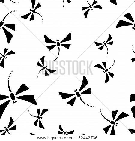 Vector black and white seamless pattern with dragonfiles