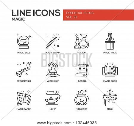 Set of modern vector simple line design icons and pictograms of magic and fairy tale elements. Wand, potion, trick, witch hat, broomstick, mask, lamp, cards, pot, scroll, book