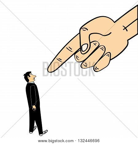 A giant hand in the sky points a finger down at a man wearing a business suit