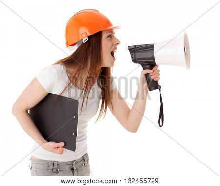 Young female construction superintendent with megaphone and clipboard on a white background.