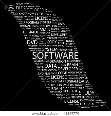 SOFTWARE. Word collage on black background. Illustration with different association terms.
