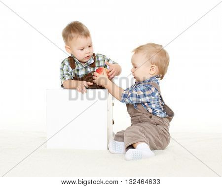 Two little boys with fresh apple sit on a white background. Healthy food.