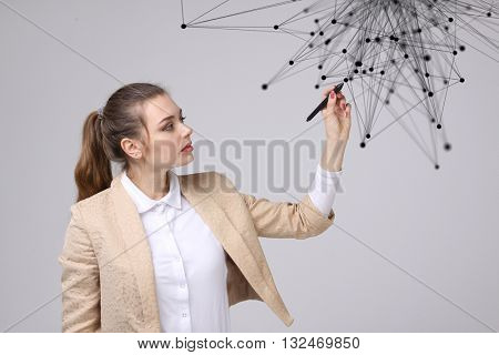 Worldwide network or wireless internet connection futuristic concept. Woman working with linked dots.