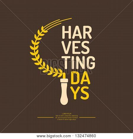 Vector illustration of harvesting Days with a ear of wheat in the form of a sickle in a flat style on a brown background. Elements for cards illustration poster and web design.