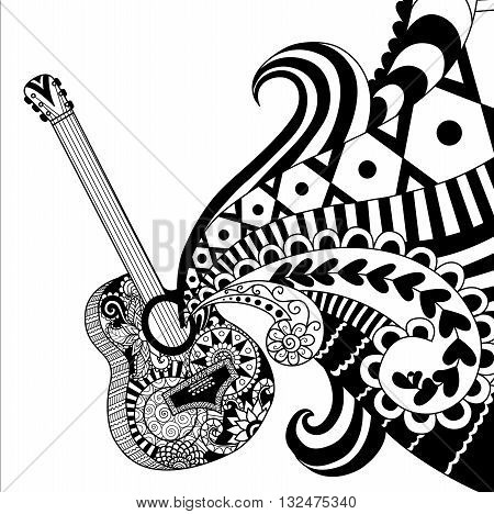 Doodles design of Guitar for coloring book for adult, poster, banner and so on - Stock Vector