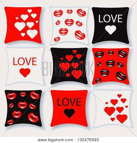 A set of cushions on a romantic theme lips, kiss, heart, love vector illustration