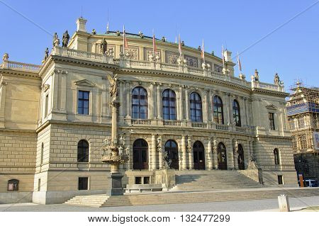 The Prague's Opera House (Rudolfinum) at sunny evening close up