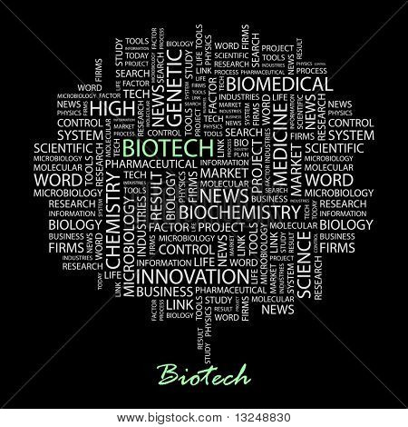 BIOTECH. Word collage op zwarte achtergrond. Illustratie met verschillende vereniging voorwaarden.