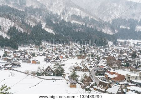 Winter Of Shirakawago with snow falling , Japan