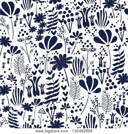 Hand drawn vector seamless flower pattern with hand drawn botanical elements monochrome