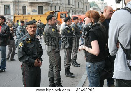 Moscow, Russia - August 31, 2009. A rally in defense of the 31st article of the Constitution, protection of freedom of protest and Assembly. Russian police during protests Strategy-31