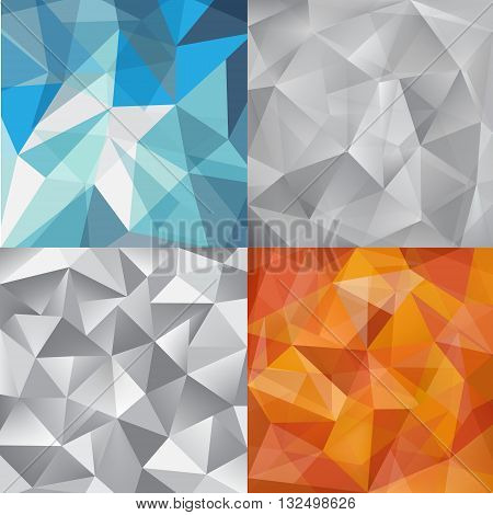 Vector set of faceted abstract crystal backgrounds grey, blue, orange. triangular style. vector illustration graphic design background template. geometric.