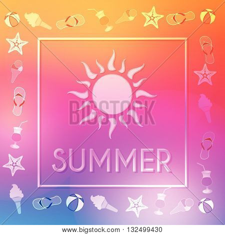 text summer with sun and summery symbols in frame over orange pink violet background, flat design poster, vector