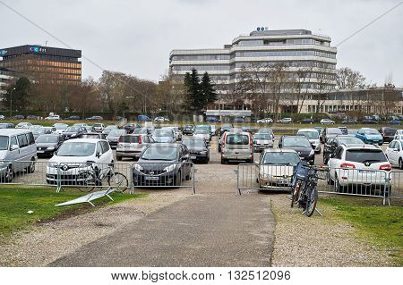 STRASBOURG FRANCE - APR 2 2016: Car parking in urban environemnt near European Parliament in Strasbourg France
