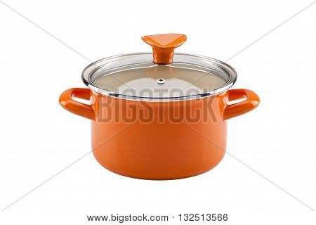 orange enameled pot isolated on white background