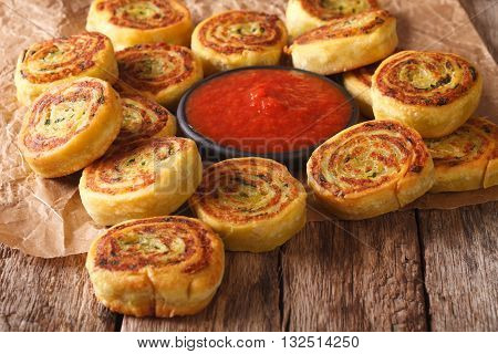 Fried Spicy Potato Rolls And Tomato Sauce Closeup. Horizontal