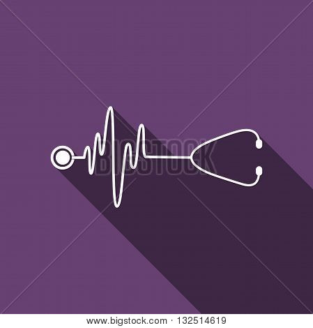 A stethoscope with a heart beat with long shadow. Vector illustration