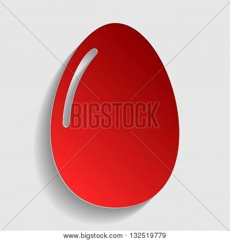 Chiken egg sign. Red paper style icon with shadow on gray.