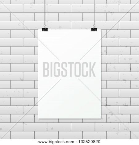 White vertical poster A4 on a rope. Sheet of paper hangs on two black binder clips. Vector EPS10 illustration.