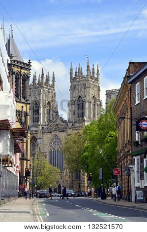 York Yorkshire England UK - May 22 2016 : The historical York Minster the cathedral of York viewed from Duncombe Place