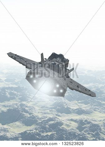 Science fiction illustration of an interplanetary spaceship in the atmosphere flying over the mountains of an alien planet, 3d digitally rendered illustration (3d rendering, 3d illustration)
