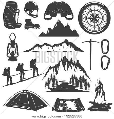 Mountain climbing decorative icons set with rocks tent bonfire map lantern helmet backpack compass isolated vector illustration