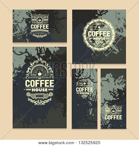 Set of coffee shop related template.Vector design of a badges for design projects with grange dark background