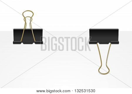 Set of two black binder clips on a white paper sheet. Vector EPS10 illustration.