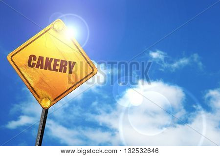 cakery, 3D rendering, glowing yellow traffic sign 