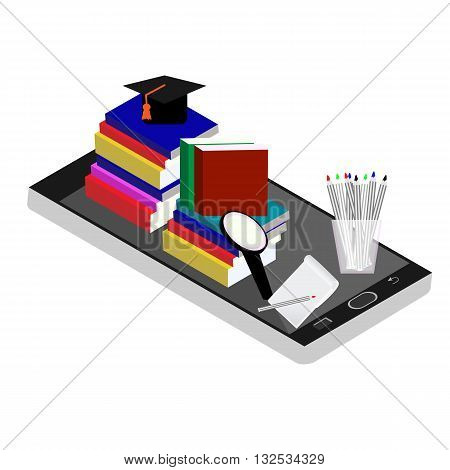 Online education isometric flat vector concept. Flat 3d isometric design. Online training courses retraining specialization tutorials. Vector illustration.