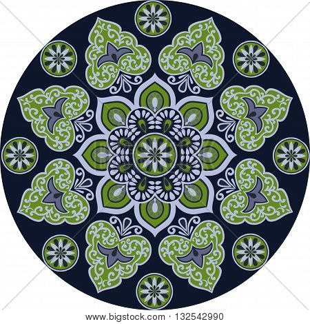 Drawing of a floral mandala in green, blue, mazarine  and gray  colors on a white background