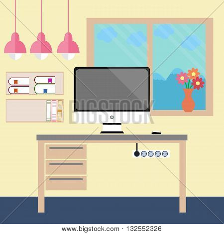 Flat design illustration. Modern workplace in room. Workplace in flat style. Vector illustration.