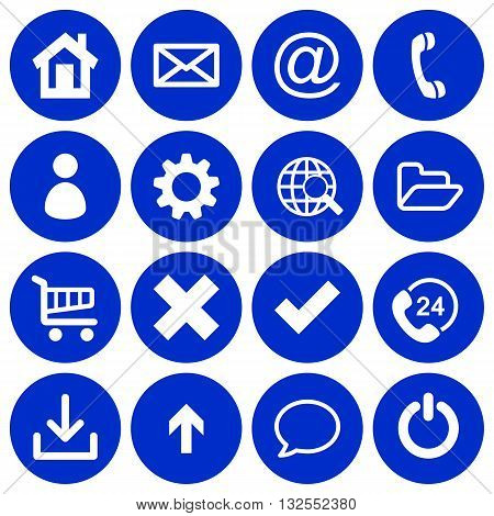 Set of 16 basic flat web icons on dark blue round background