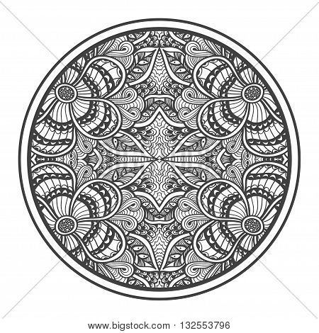 Background   with Zen doodle flowers or  Zen tangle  pattern black on white in circle  for coloring page or relax coloring book or wallpaper or for decorate package clothes
