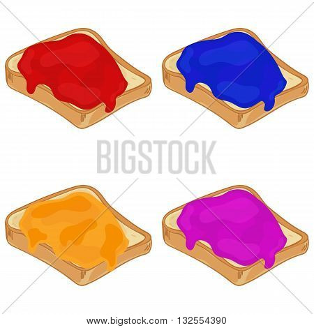 Set of sliced white bread with sweet jam. Jelly sandwich. Bread with jam. Vector illustration.
