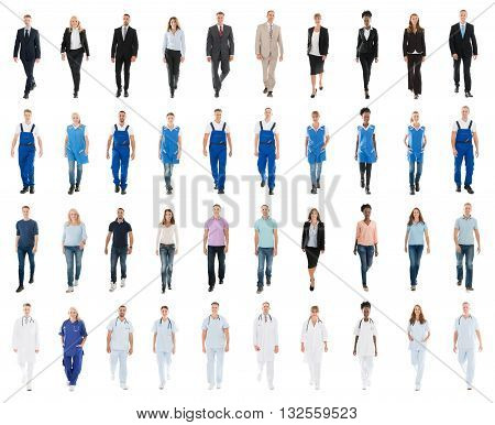 Collage Of Smiling People With Various Occupation Walking Against White Background