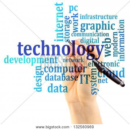 Man writing on virtual screen. Information technology concept