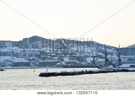 island of Sakhalin Kholmsk morning, winter sea