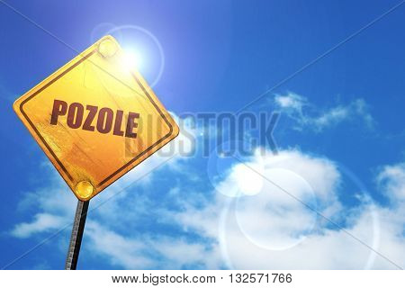pozole, 3D rendering, glowing yellow traffic sign 