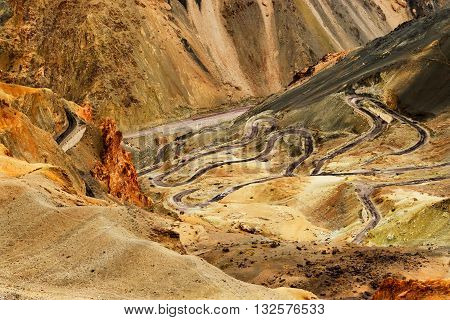 Aerial view of Zigzag road - famously known as jilabi road at old route of Leh Srinagar Highway Ladakh Jammu and Kashmir India