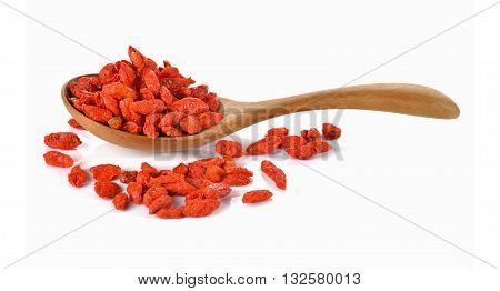 Goji berry or Chinese wolfberry in wooden spoon on white background