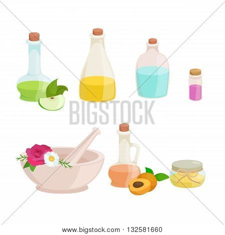 Bottles with organic essential aroma oil and soap bar set vector illustration
