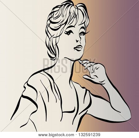 Hand-drawn vector illustration of beautiful happy and pleased woman. Monochrome image positive expressions on face of young lady.