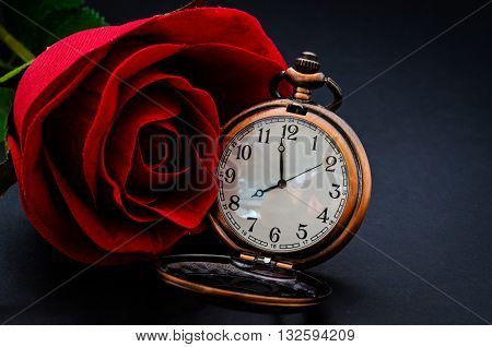 Red rose and vintage pocket wath on black background.